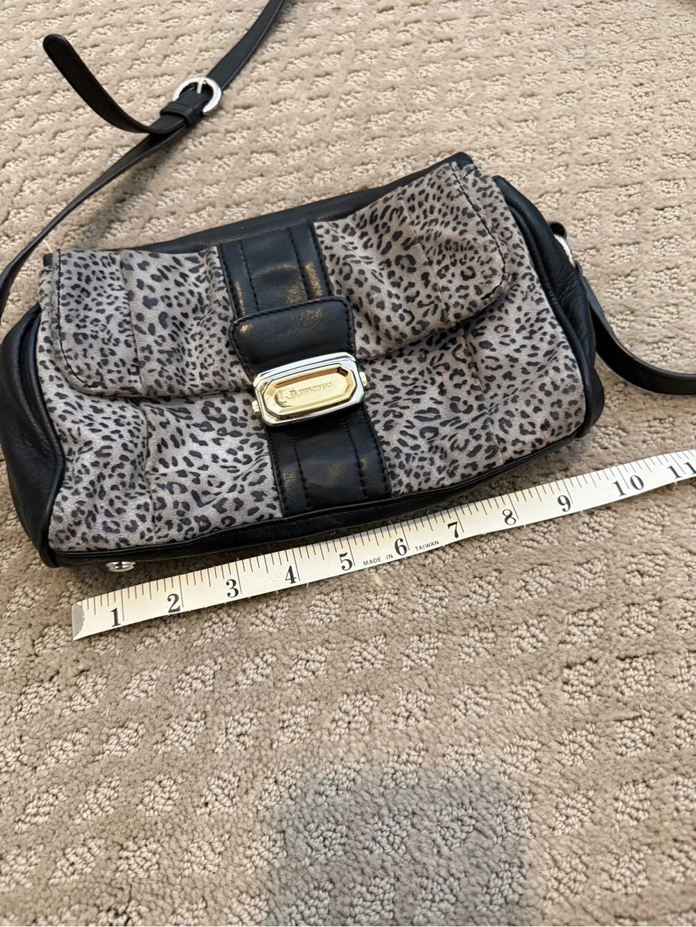 B. Makowsky Black Leather Crossbody Bag with Gray Leopard Print